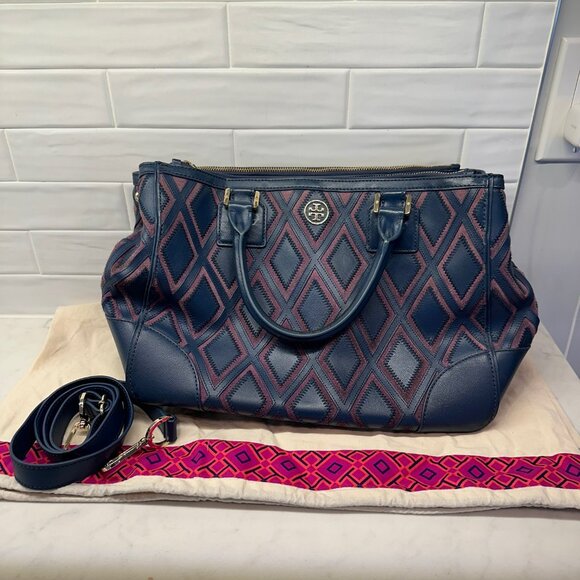 Tory Burch Blue/Purple Robinson Patchwork Double Zip Tote - Picture 1 of 11